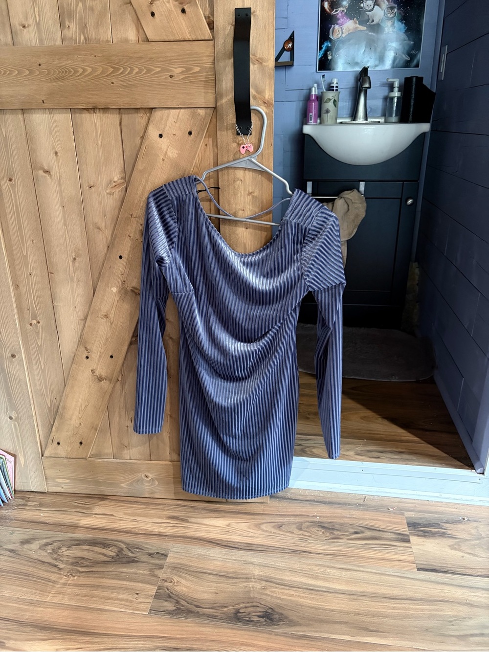 Forever 21 Slate Blue Velvet Long Sleeve Ruched Mini Dress